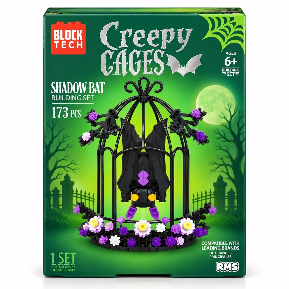 Block Tech Creepy Cages Shadow Bat Building Set 173 Pcs Black Halloween Craft
